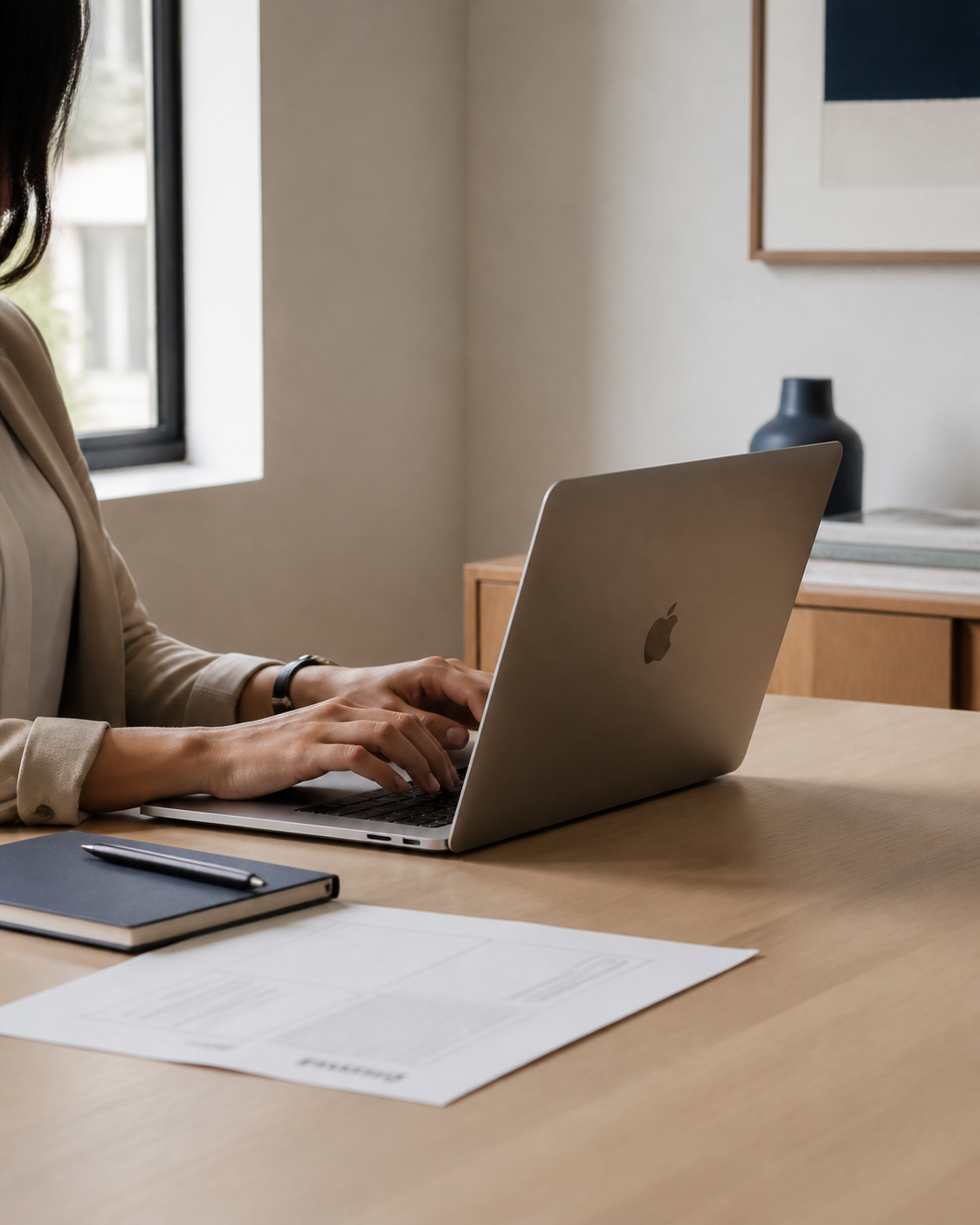 Profissional trabalhando em um MacBook em ambiente organizado e iluminado